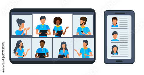 Vector, business team having group video conference call via laptop. People on computer screen having discussion with diverse colleagues in video call. Virtual meeting. Working remotely from home