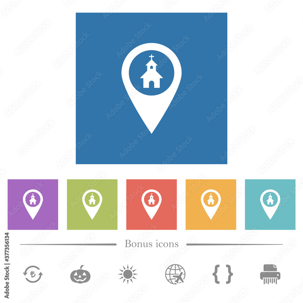 Church GPS map location flat white icons in square backgrounds Church GPS map location flat white icons in square backgrounds
