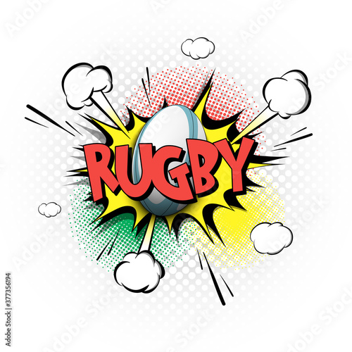 Comic bang with expression text Rugby. Comics book font sound phrase template with rugby ball. Pop art style banner message. Sports fan emotions. Vector illustration
