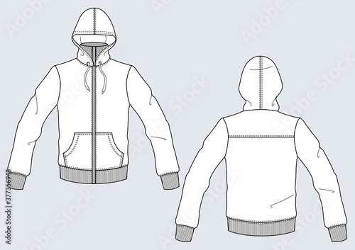 Felpa uomo zip e cappuccio flat sketch fashion illustration with front and back view. Drawing vector template mock up