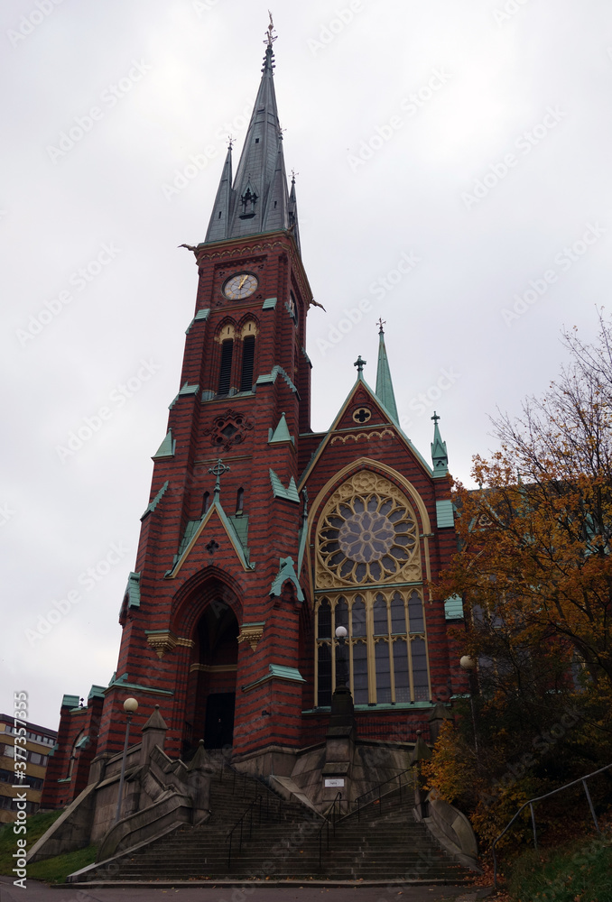 the view of clock tower of Oscar Fredriks Church in Gothenburg, Sweden.