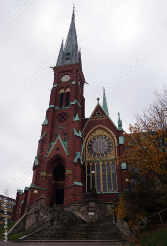 the view of clock tower of Oscar Fredriks Church in Gothenburg, Sweden.