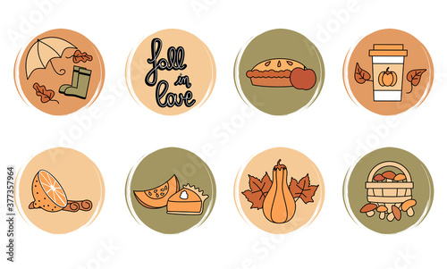 Vector set of logo design templates, icons and badges for social media highlight with cute autumn fall symbols