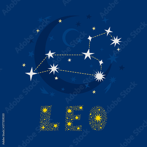 Hand drawn Leo zodiac star constellation design. Abstract starry map of the night sky with blue background and decorative lettering. Vector isolated illustration for posters, prints, birthday cards. photo