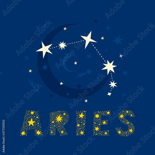 Hand drawn Aries zodiac star constellation design. Abstract starry map of the night sky with blue background and decorative lettering. Vector isolated illustration for posters, prints, birthday cards. photo