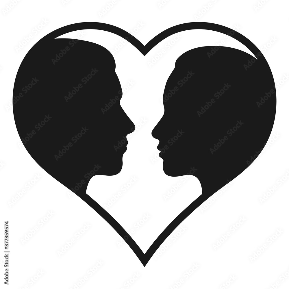 illustration of a silhouette of a man and a woman head in a heart on a white background