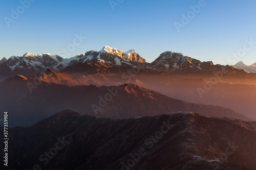 Himalayan range view from Pikey peak, Himalayas, Nepal.