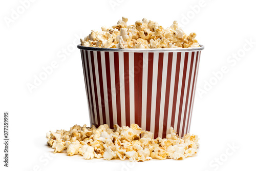 Big bucket of popcorn isolated on white