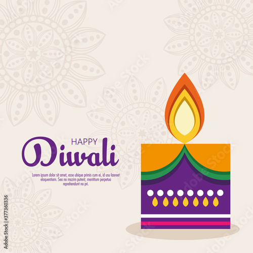 banner of diwali festival holiday with candle and mandalas on white background vector illustration design