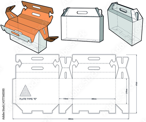 Folding Box With Handle (Internal measurement 35.5x11x21cm) and Die-cut Pattern. The .eps file is full scale and fully functional. Prepared for real cardboard production.