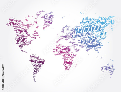 Networking word cloud in shape of world map  technology concept background