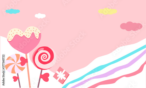 Three lollipops and multicolored clouds, vector graphics