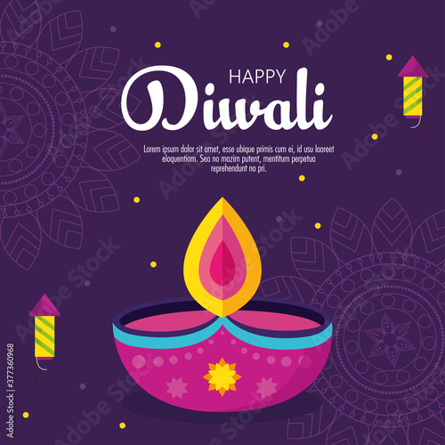 banner of diwali festival holiday with candle and fireworks on purple background vector illustration design