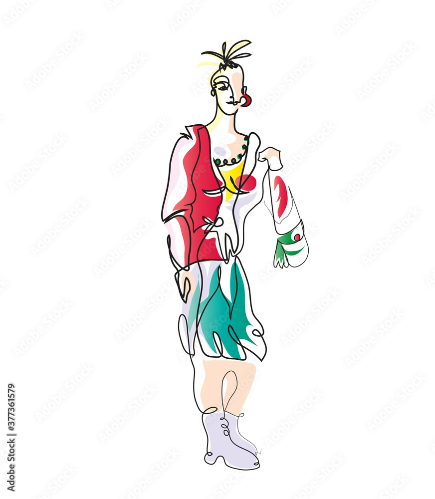 Fototapeta premium Simple one line drawing of fashionable young woman. One continuous line drawing of Stylish woman holding handbag.