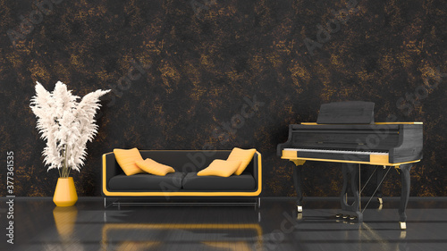 Photography black interior with a black and yellow grand piano and a sofa