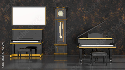 black interior with black and yellow piano, grand piano and frame for mockup