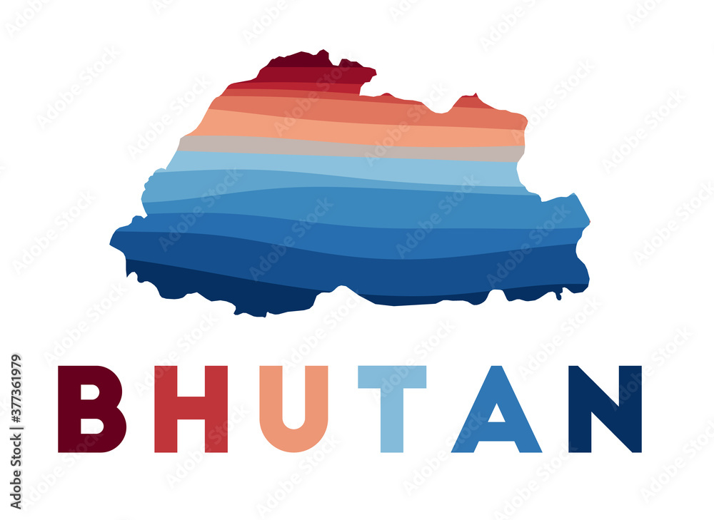 Obraz premium Bhutan map. Map of the country with beautiful geometric waves in red and blue colors. Vivid Bhutan shape. Vector illustration.
