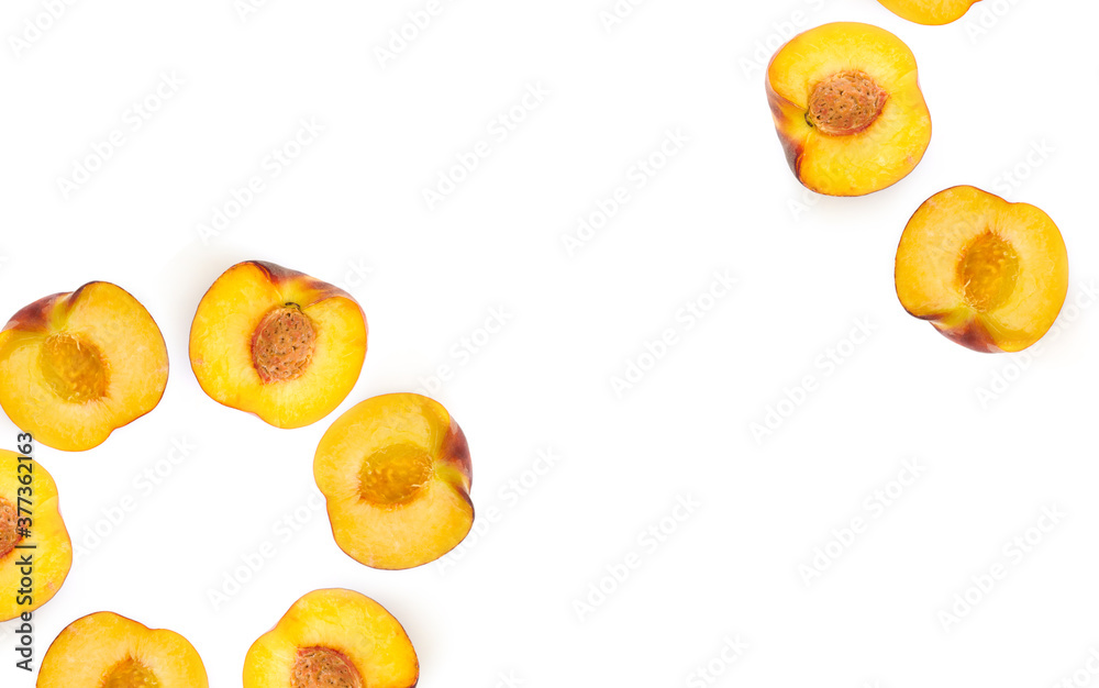 Peaches frame. Top view fresh clipping path organic peach fruit isolated on a white background. Flat lay composition. Peaches frame. Top view fresh clipping path organic peach fruit isolated on a white background. Flat lay composition.