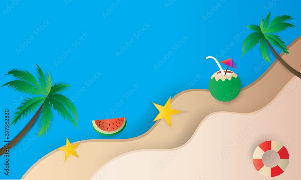 Beautiful beach paper art style with frame vector illustration2