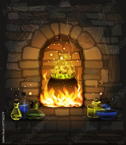 Happy Halloween background, fantasy fireplace with magic cauldron glass jar, vector illustration