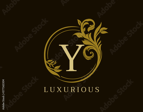 Luxury Y Letter Floral Design. Circle Royal Y Vintage Logo Icon.