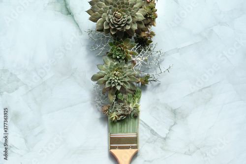 Painting brush with paint made of Sempervivum succulent plants. Creative flat lay on light stone background.