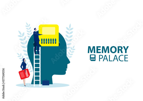 Business man character put Memory Palace , on head human mindset concept vector illustrator