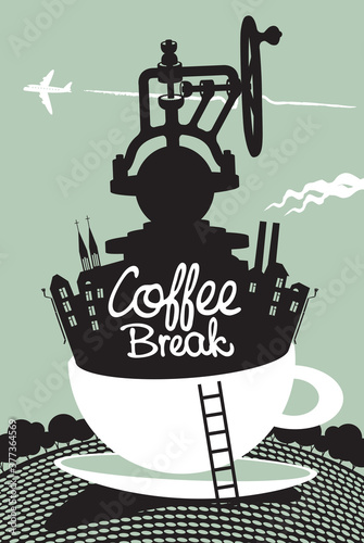 Creative banner with a coffee grinder and old buildings in a white cup on the background of landscape with trees and flying plane. Vector illustration with handwritten inscription Coffee break