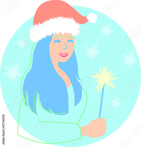 Beautiful girl in a Santa's hat with snowflakes anf fire in circle. Vector design element. New year illustration.