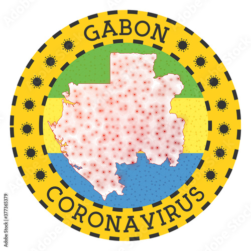 Coronavirus in Gabon sign. Round badge with shape of Gabon. Yellow country lockdown emblem with title and virus signs. Vector illustration.