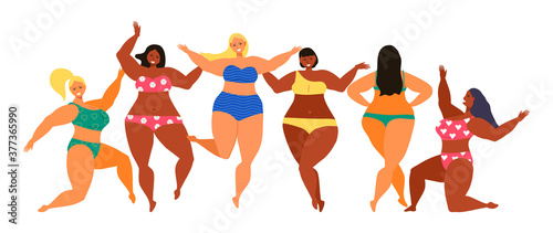 Body positive concept vector. Happy plus size girl wearing swimsuit and smiling. Active healthy lifestyle and love your body illustration. Different races and colour skin women