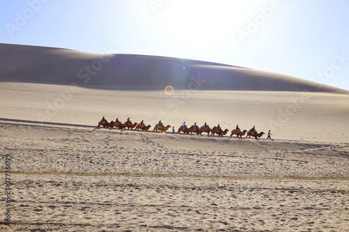 A distance view of a camel caravan tour going through the sand dunes under sunlight on Echoing-Sand Mountain (Mingsha Shan in Chinese), close to the city of Dunhuang in Gansu province, China.
