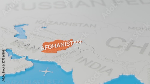 Afghanistan highlighted on a white simplified 3D world map. Digital 3D render. © Hernan Schmidt