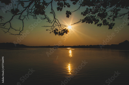 Sunrise on Amazon forest river