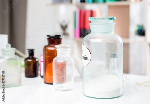 Medical or experimental laboratory. Jars and bottles of chemicals.