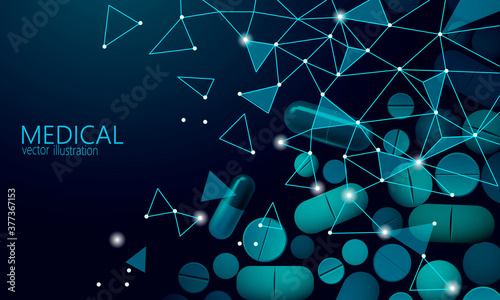 Drug capsule medicine business concept. Banner blue glowing medicament pill prebiotic probiotic ball health care cure illness. Antibiotic vitamin medical nutrition low poly vector illustration