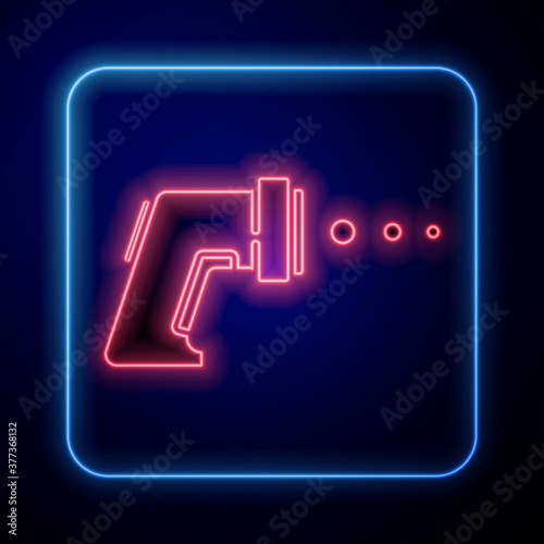 Glowing neon Digital contactless thermometer with infrared light icon isolated on blue background. Vector.