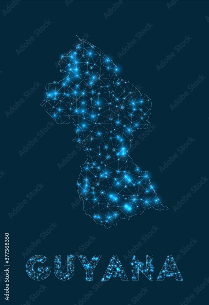 Guyana network map. Abstract geometric map of the country. Internet connections and telecommunication design. Awesome vector illustration.