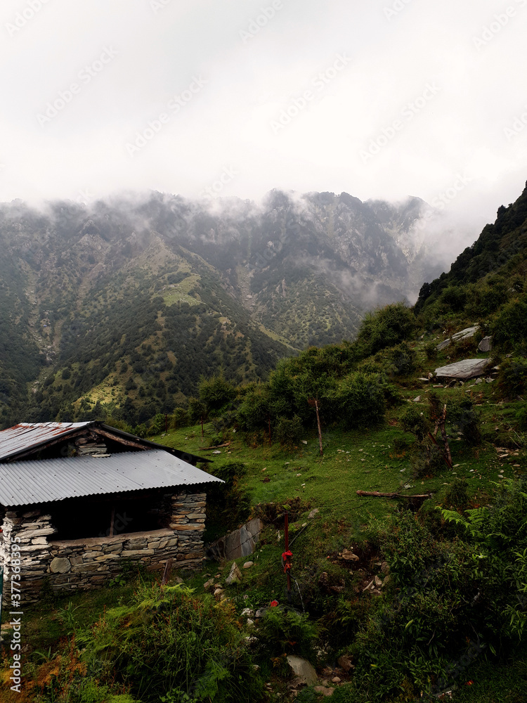 An lonely shepherd hut near Triund in the Himalaya Mountains in India
