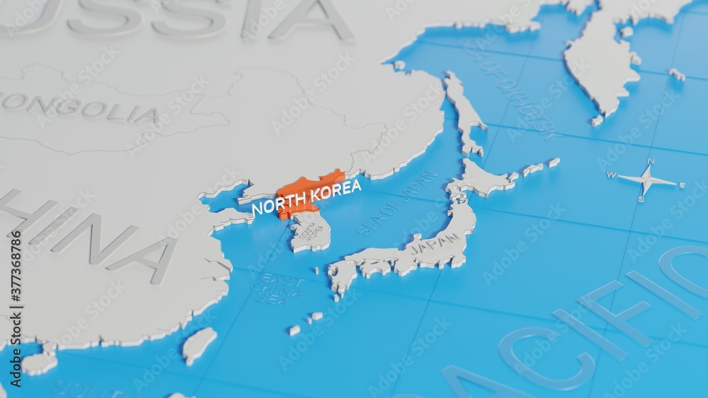 Fototapeta premium North Korea highlighted on a white simplified 3D world map. Digital 3D render.