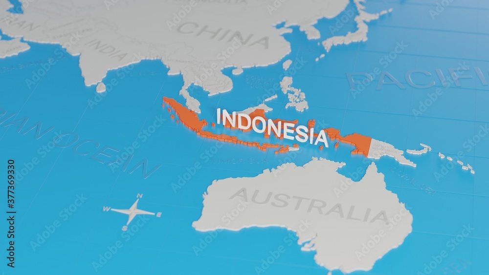 Fototapeta premium Indonesia highlighted on a white simplified 3D world map. Digital 3D render.