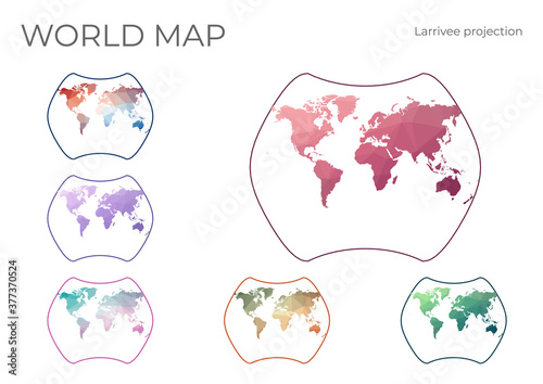 Low Poly World Map Set. Larrivee projection. Collection of the world maps in geometric style. Vector illustration.