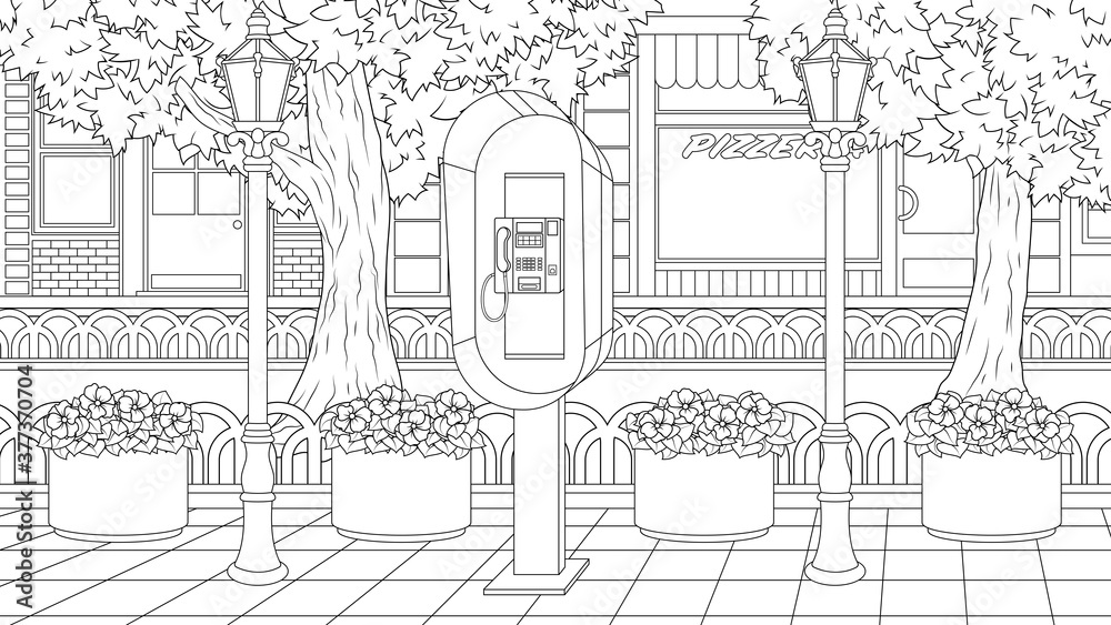 Vector illustration, payphone in a city park on a wide street