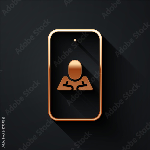 Gold Online psychological counseling distance icon isolated on black background. Psychotherapy, psychological help, psychiatrist online consulting. Long shadow style. Vector.