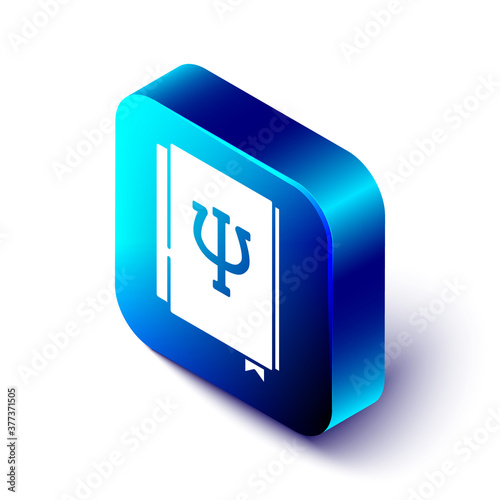 Isometric Psychology book icon isolated on white background. Psi symbol. Mental health concept, psychoanalysis analysis and psychotherapy. Blue square button. Vector.