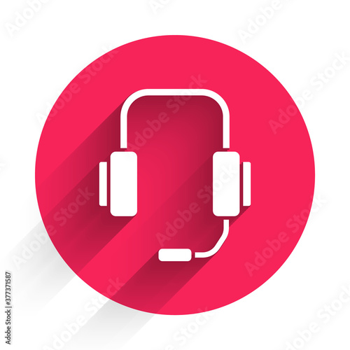 White Online psychological counseling distance icon isolated with long shadow. Psychotherapy, psychological help, psychiatrist online consulting. Red circle button. Vector.