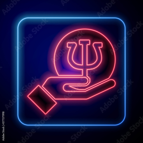 Glowing neon Psychology icon isolated on blue background. Psi symbol. Mental health concept, psychoanalysis analysis and psychotherapy. Vector.