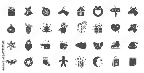 Christmas flat icons for web design and mobile app. Black icons on white background. Sweet christmas candy cane, gingerbread house, man, bull head