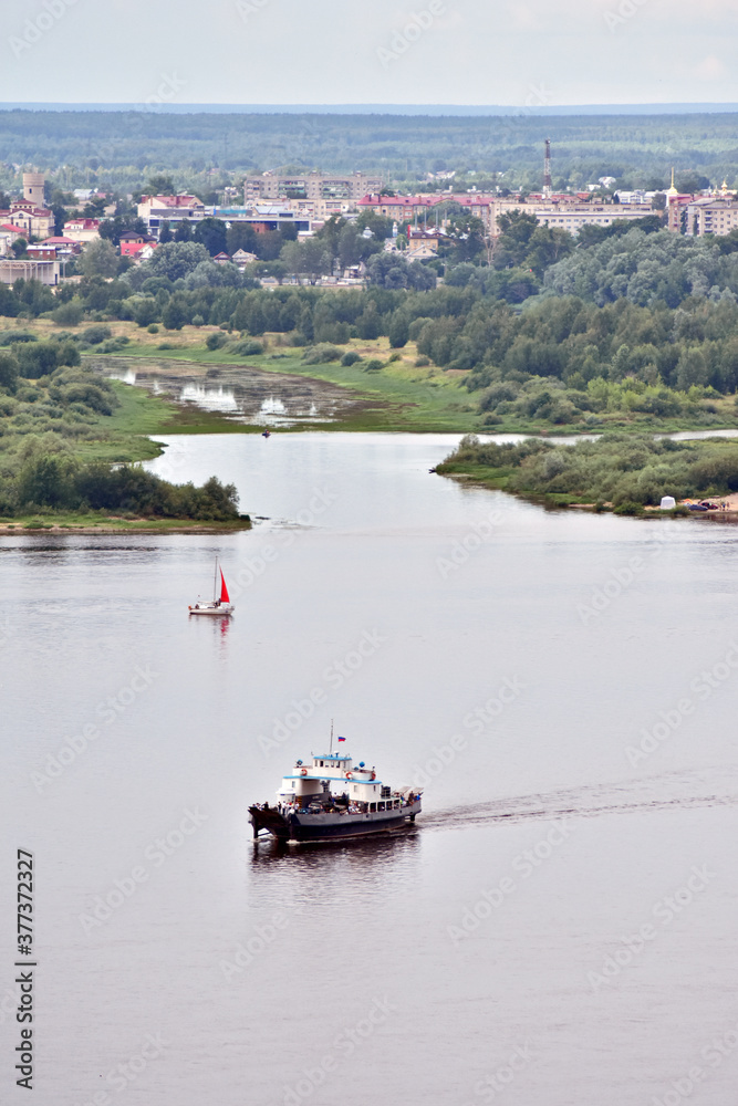 ship and yachts sail on the Volga River