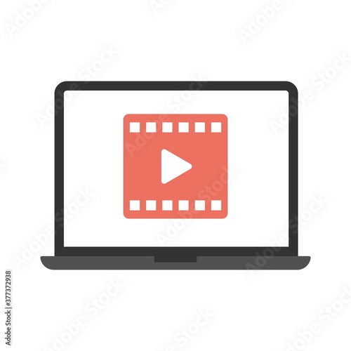 Laptop with video player icon - vector illustration. Flat online multimedia concept icon.